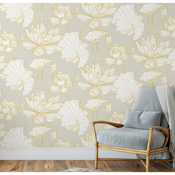 Rosdorf Park Ateeb Golden Oriental Lotus Flower Peel & Stick Wallpaper